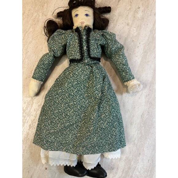 Handmade Vintage Rag Doll In Green Floral Dress & Lace Trim By Cattle Kate Jacks - Picture 10 of 11